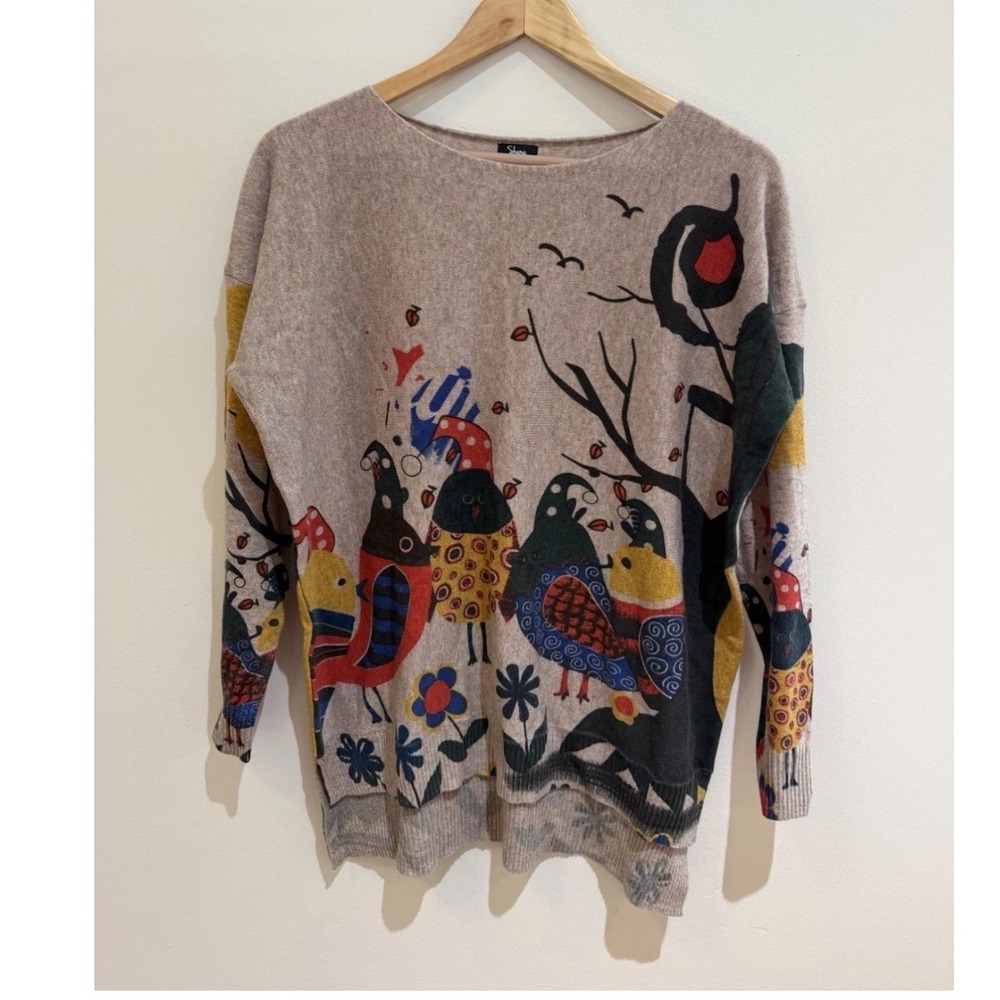 Shana art to wear Whimsical Bird Graphic Knit Sweater Small NWT